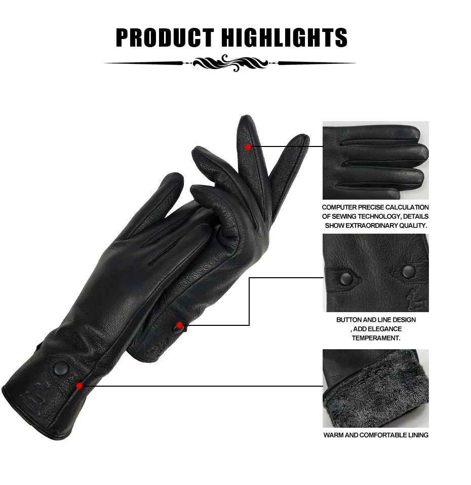 Women's Winter Leather Gloves Soft Lined High-Quality Deer Skin Touch Fastening Design Outdoor Warm Windproof Mittens