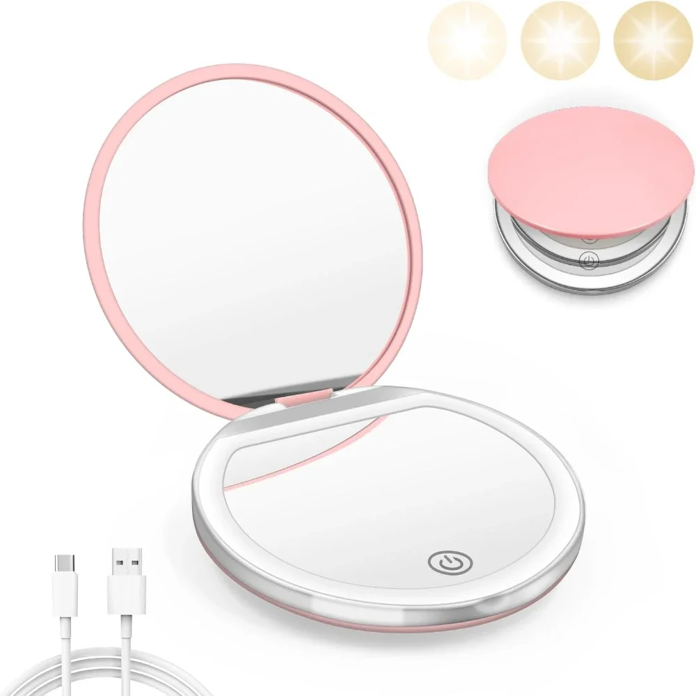 

Compact Mirror with Light, 1X/3X Magnification LED Pocket Mirror with USB Data Cable, Pink Mini Mirror for Purse, Pocket,Travel