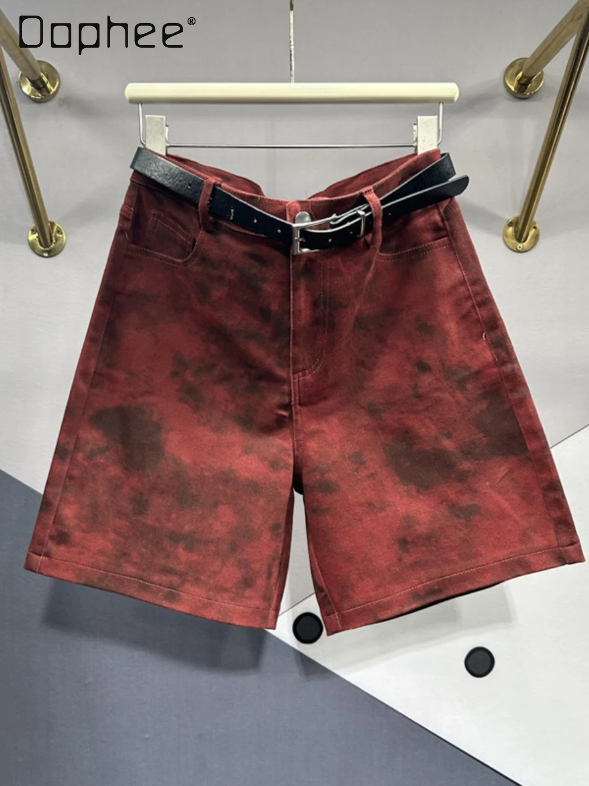 

Loose Dark Red Tie-Dyed Denim Middle Pants for Women 2024 Spring New Woman Straight Wide Leg High Waist Slimming Fifth Jeans