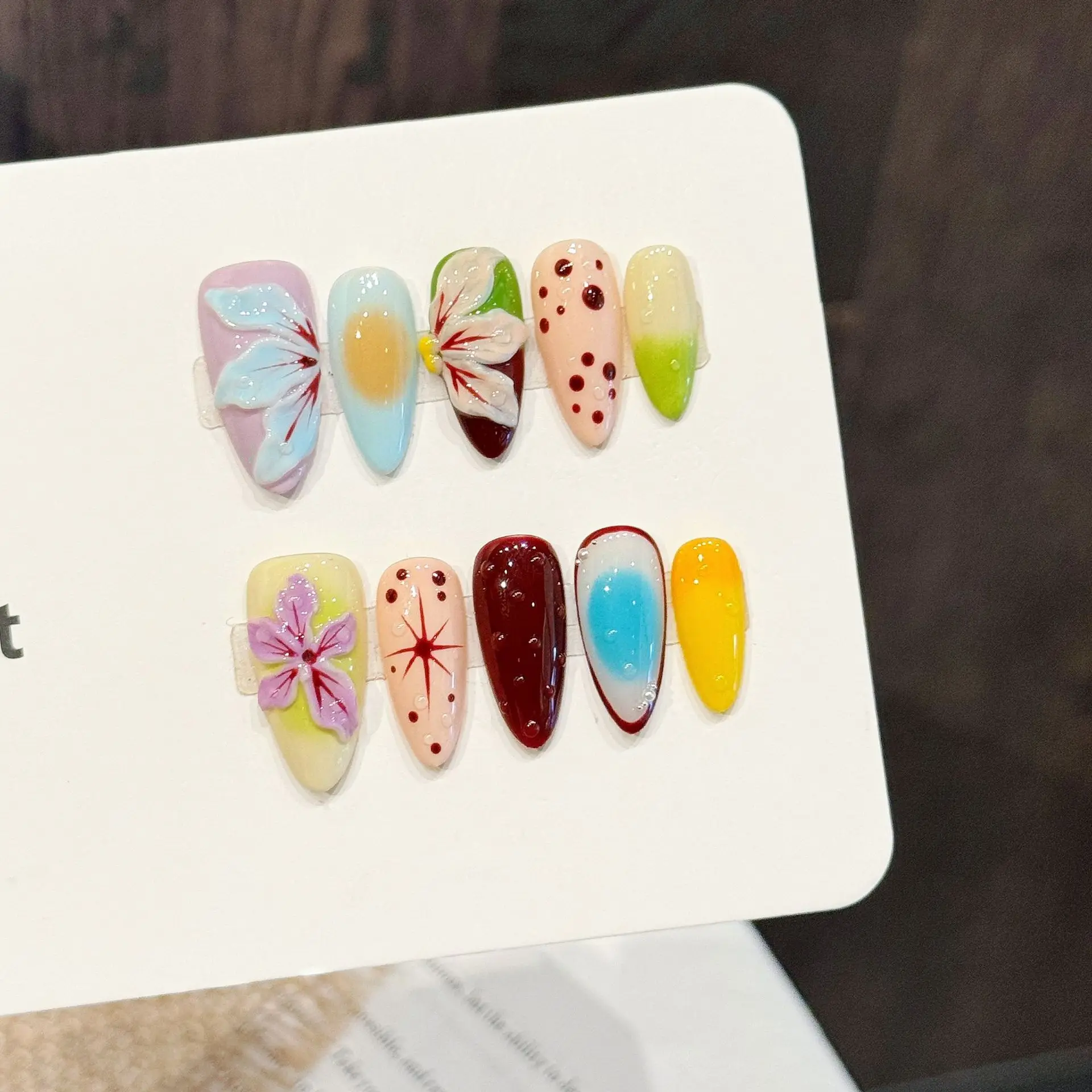 

10pcs Handmade Medium Almond Press On Nails 3D Colorful Flowers Polka Dot Design Lovely Fake Nails Wearable Nails Art Tips Girls