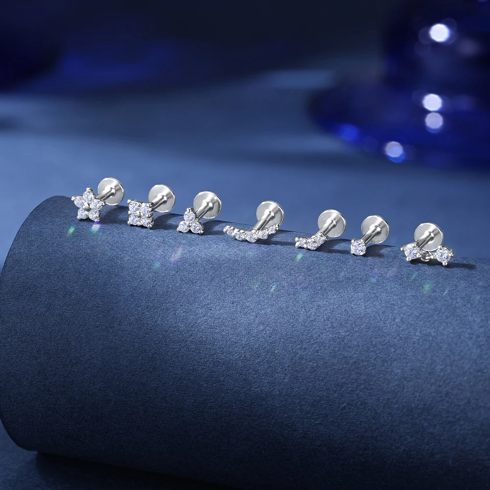 

AIDE S925 Sterling Silver Single White Gold Cultured Diamond Flat Head Petal Moon Shape Stud Earring Diamond Threaded Piercing