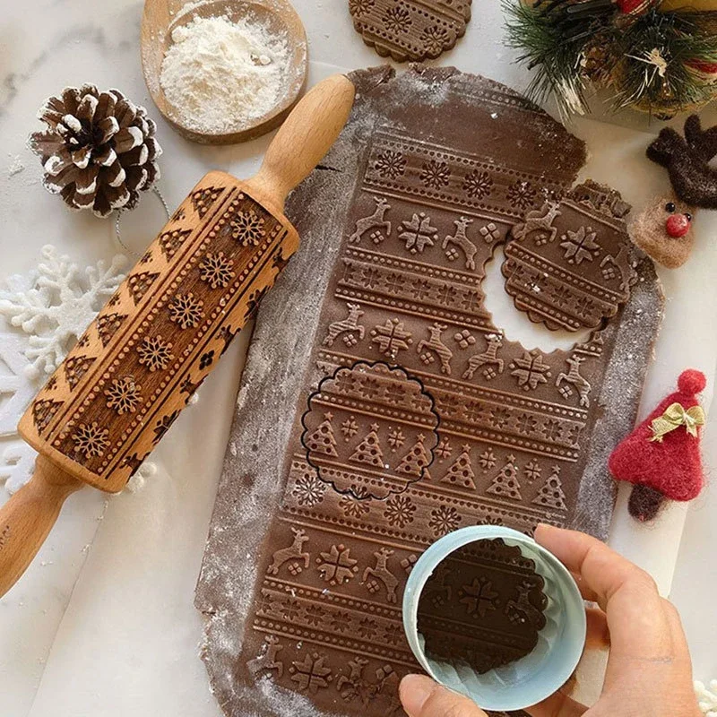 Cartoon Biscuit Printed Rolling Snowflake Elk Wooden Patterned Roller DIY Baking Mould Christmas Halloween Bakery Accessories