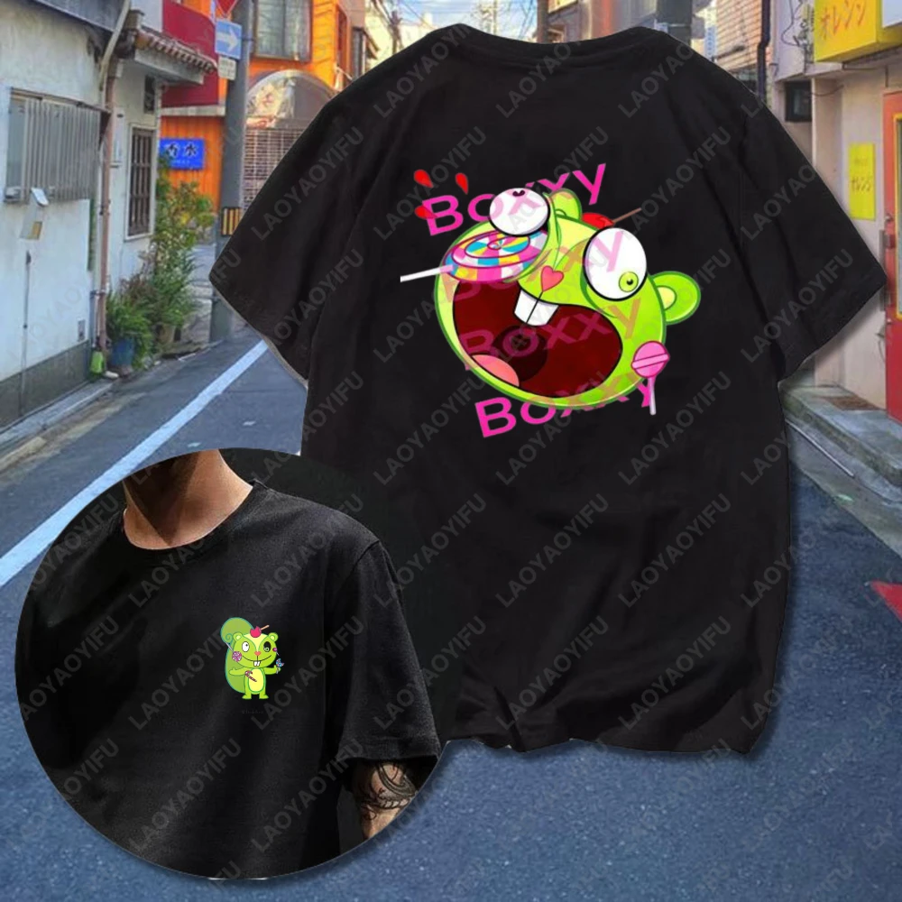 

Happy Tree Friends Cartoon Print Tee Mentally Deranged Nutty Funny Design Shirt Two-sided Printed Cotton Women's Top