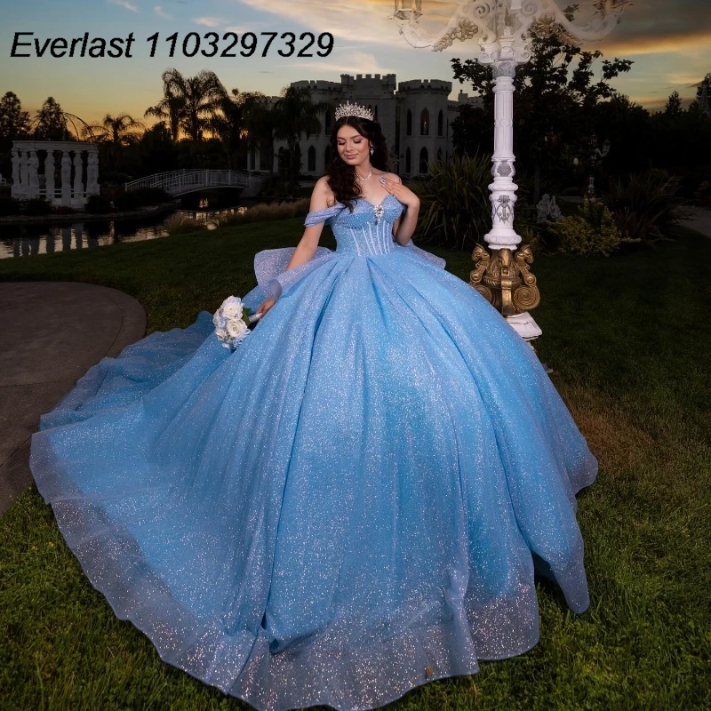 

EVLAST Customized Sky Blue Quinceanera Dress Ball Gown Shiny Applique Beaded Bow Corset Sweet 16 Vestidos De 15 Años TQD857