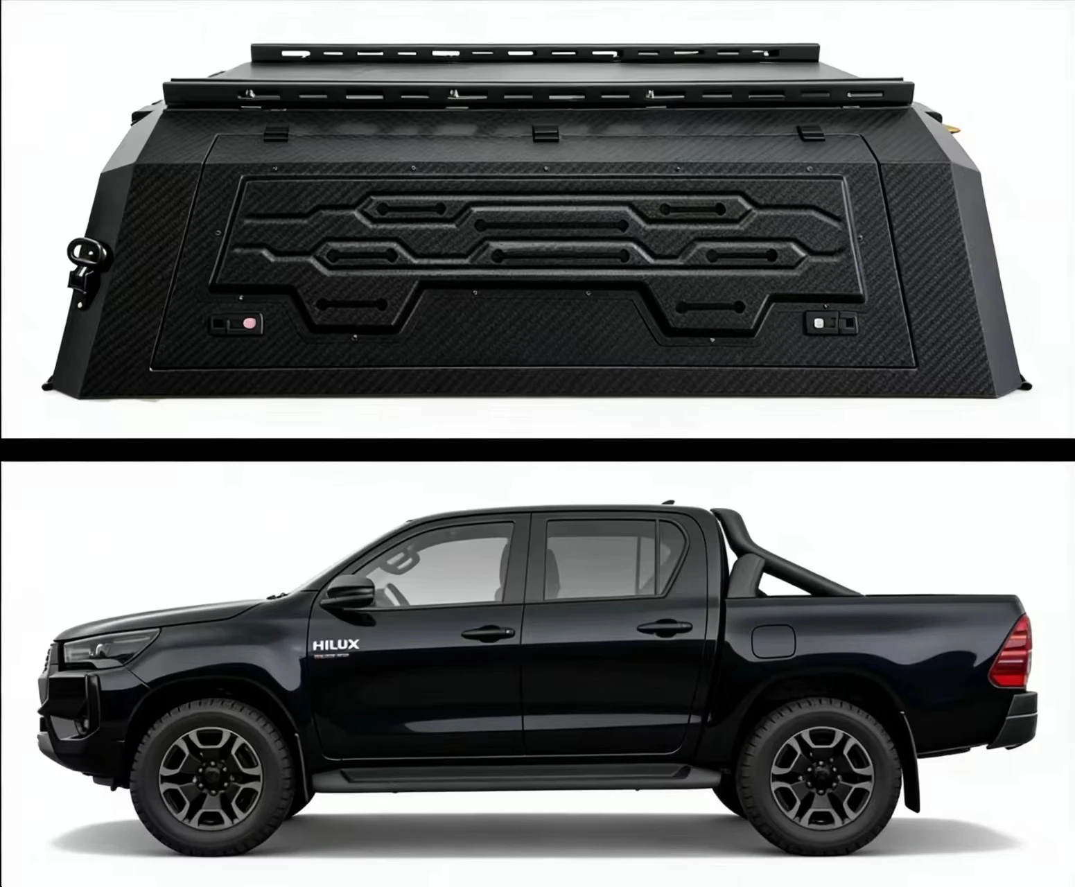 

2015-2025 Hilux Customized Black Pickup Truck with Waterproof Locking Canopy Hardtop Aluminum Alloy Tailbox