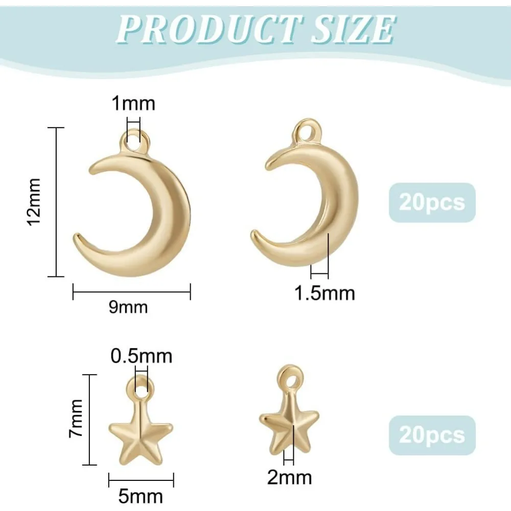 40Pcs 2 Styles Real 24K Gold Star Charms Brass Moon Charms Celestial Pendants Mixed Styles Pendants 3D Star Charms for Jewelry