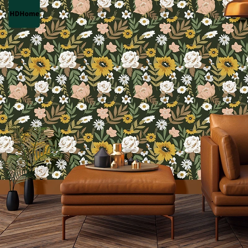 Vintage Large Floral Peel and Stick Wallpaper Removable Daisy Leaf Black/Sand/Oliva Vinyl Self Adhesive Wallpaper Wall Mural