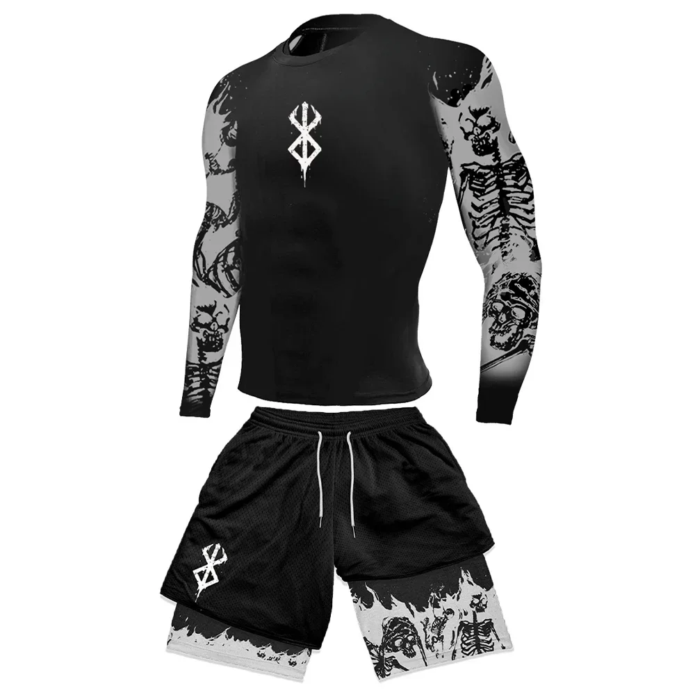 2024 Anime Berserk Guts 3D Printed Men\'s Compression Set Long/short Sleeve Gym Top+Workout Shorts Quick Drying Rash Guard Set