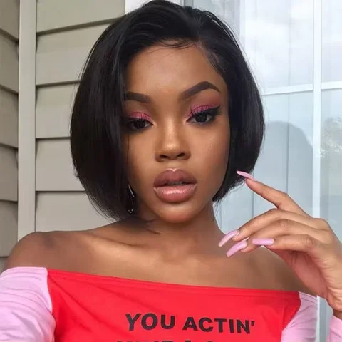 Malezya 13x4 Dantel Peruk Yan Kısmı Pixie Kesim Peruk 100% İnsan Saç Yan Kısmı Düz Bob Peruk Siyah Kadınlar Için Şeffaf Dantel