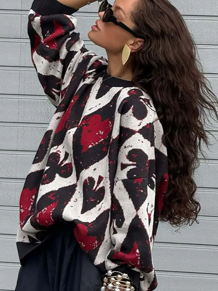 

Women O-neck Contrasting Long Sleeved Sweater Casual Loose Street Wear Jacquard Sweater Fall Winter Thick Knit Pullover Sweater