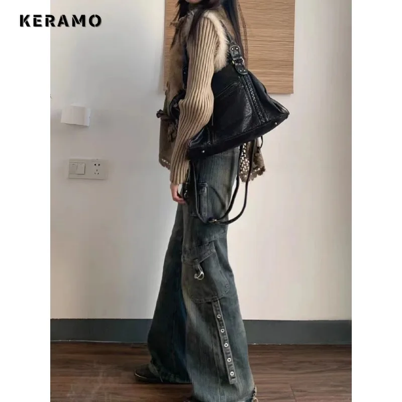 Women\'s Retro Wide Leg Baggy Casual Denim Trouser Harajuku Vintage Solid Color High Waist Loose Jeans 2024 Spring Belted Pants