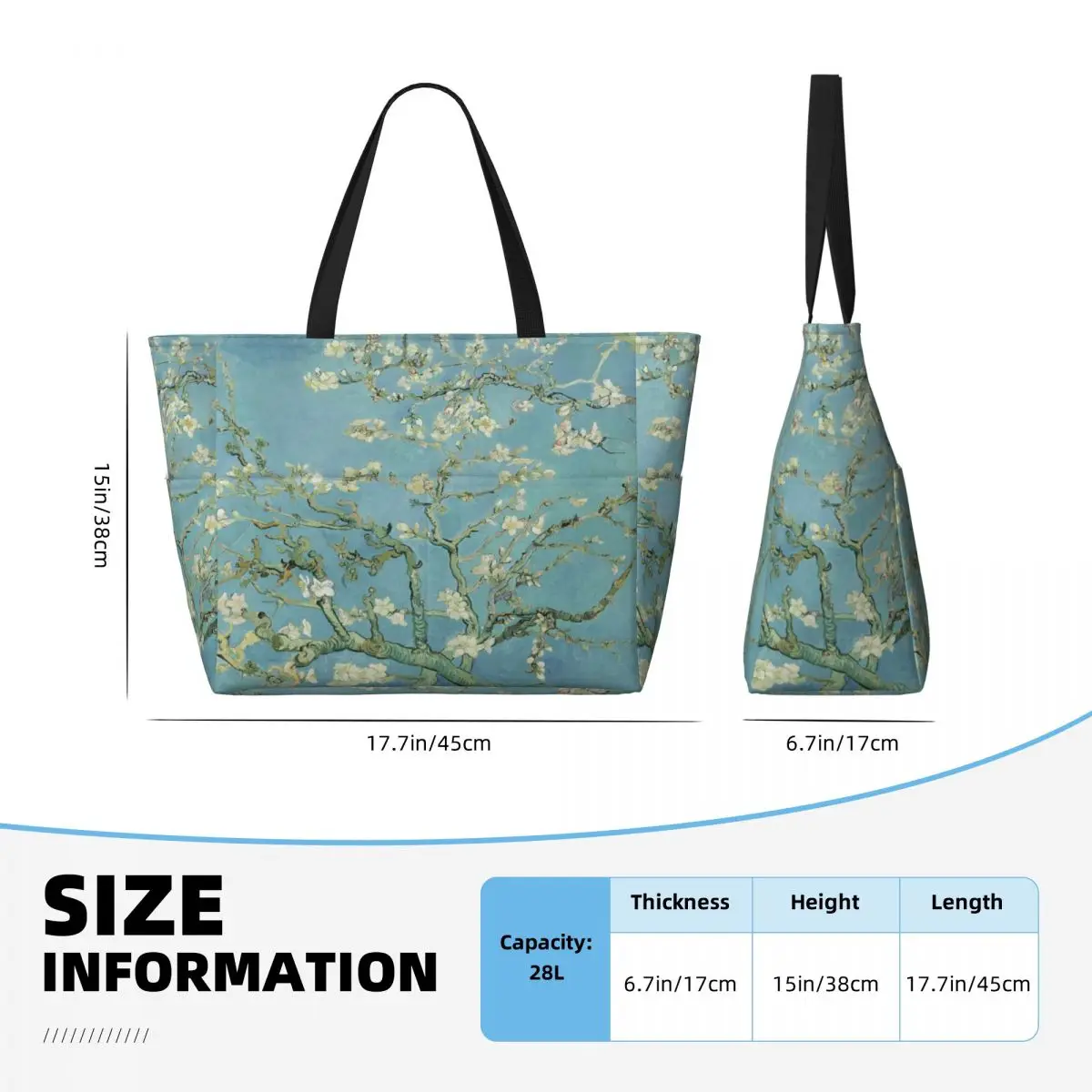 Custom Almond Blossoms By Vincent Van Gogh Beach Tote Bag for Women Flowers Painting Large Compartment Beach Gym Travel Bags