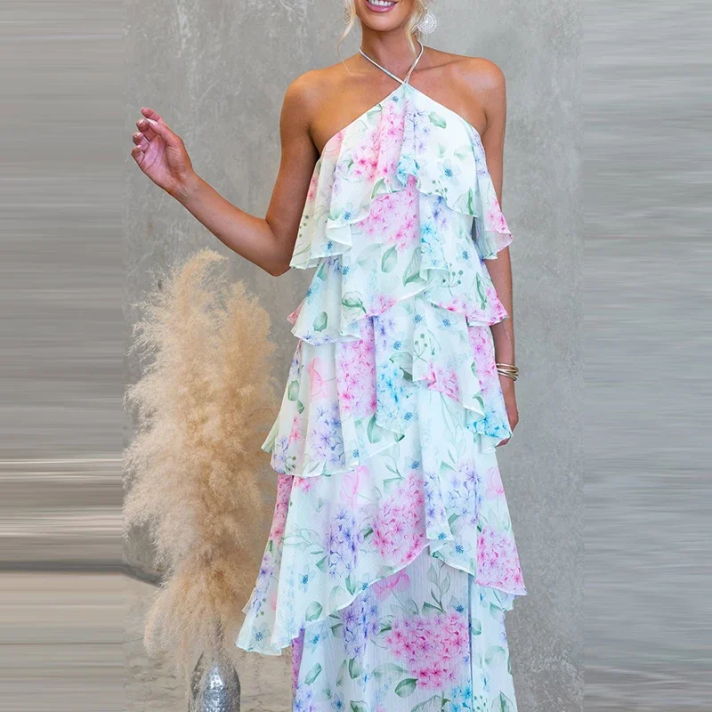 

Elegant Sleeveless Ruffle Vacation Dress Temperament High Waist Women's Chiffon Maxi Dress Sexy Floral Printed Halter Cake Dress
