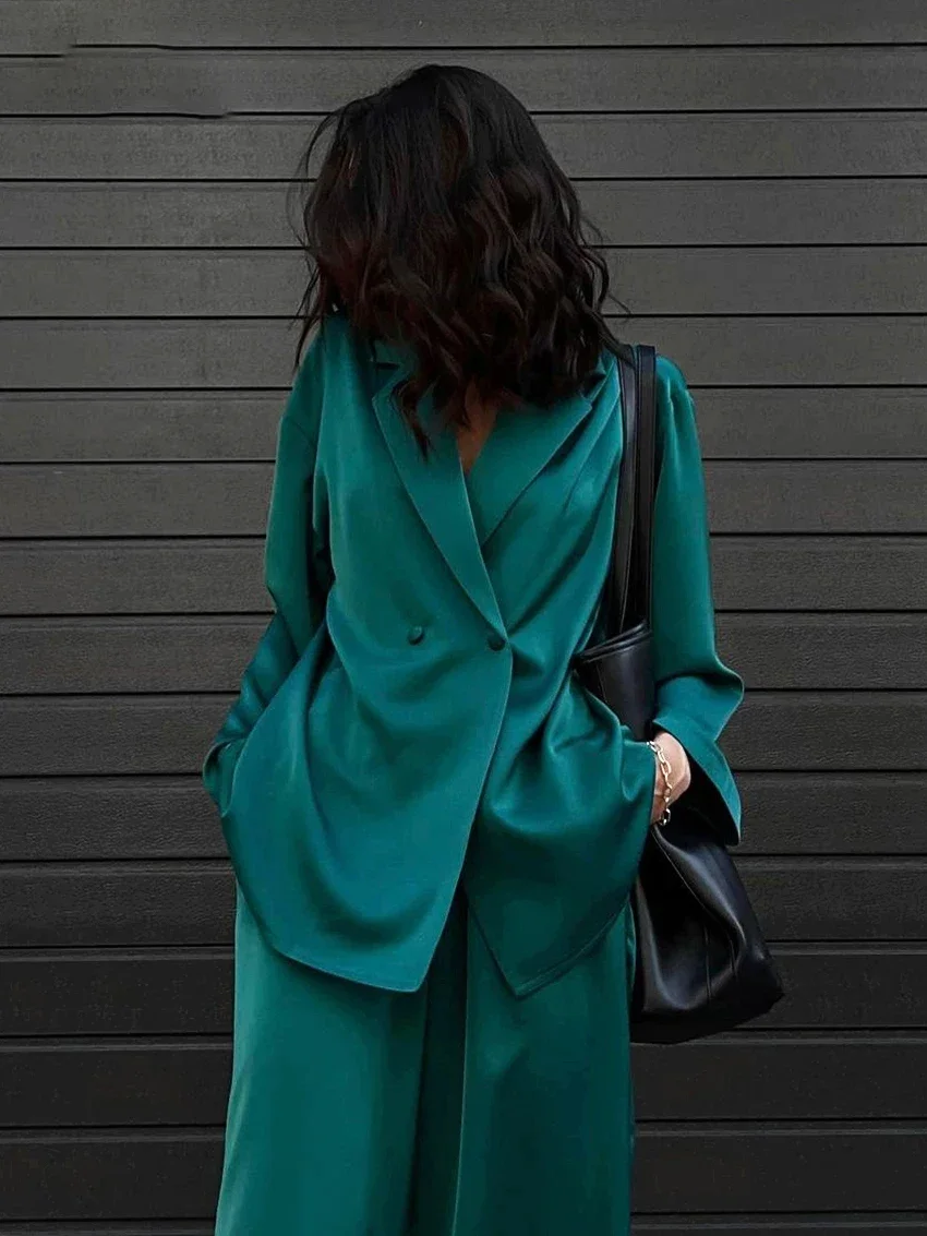 

Fmxires Fashion Long Sleeve Blazer Two Piece Sets Women Outifits Casual Loose Office Pants Set Elegant Green Satin Trouser Suits