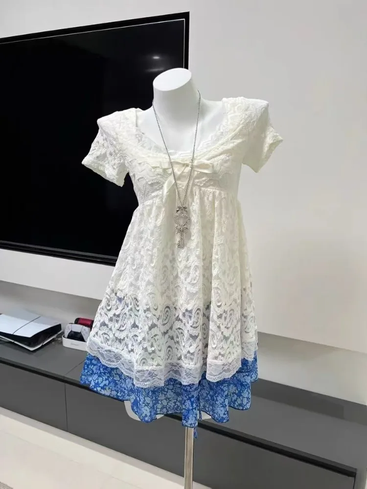 Conjunto de falda con estampado Floral Vintage japonés de verano para mujer, Tops informales con lazo de encaje blanco + minifalda ajustada, conjuntos elegantes de 2 piezas a la moda