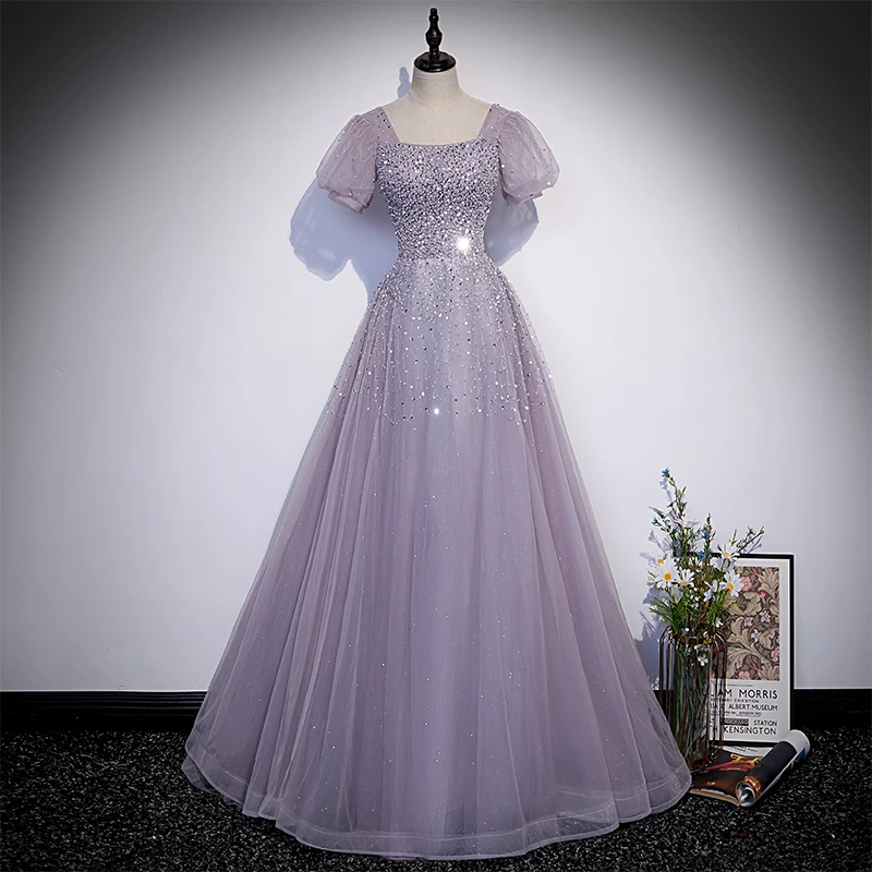 Evening Dress Ligth Purple Square Collar Short Sleeves Beading Lace up Simple A-line Floor Length Plus size Party Dresses B2382