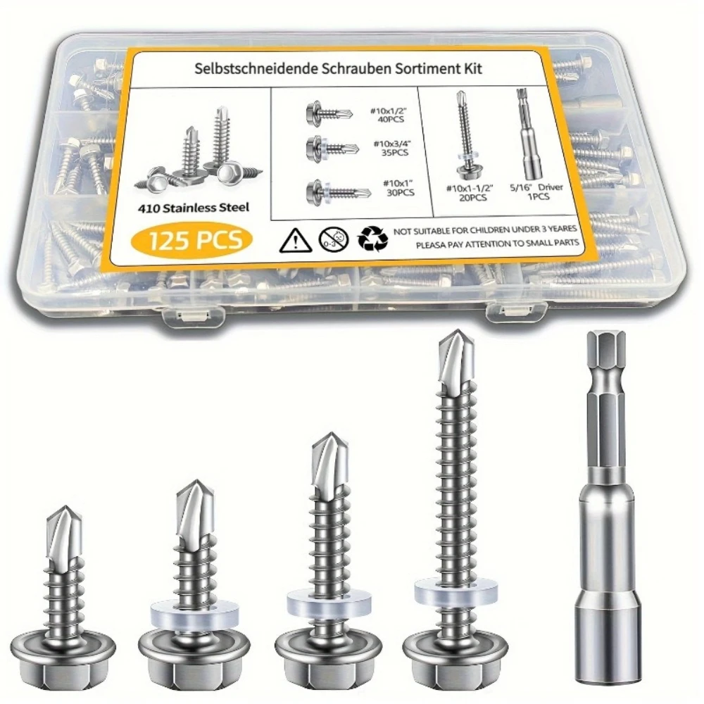 

125pcs Hexagonal Self-tapping Screws with Screw Caps 10x1/2" 3/4" 1" 1-1/2" 410 Stainless Steel Self-tapping Drilling Screws