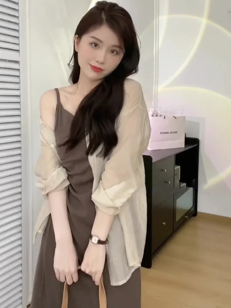 

Ladies' Summer New Style Sun Protection Shirt Lazy Wind Dress Two-Piece Set Waist Slimming Side Split Strapless Polyester Fiber