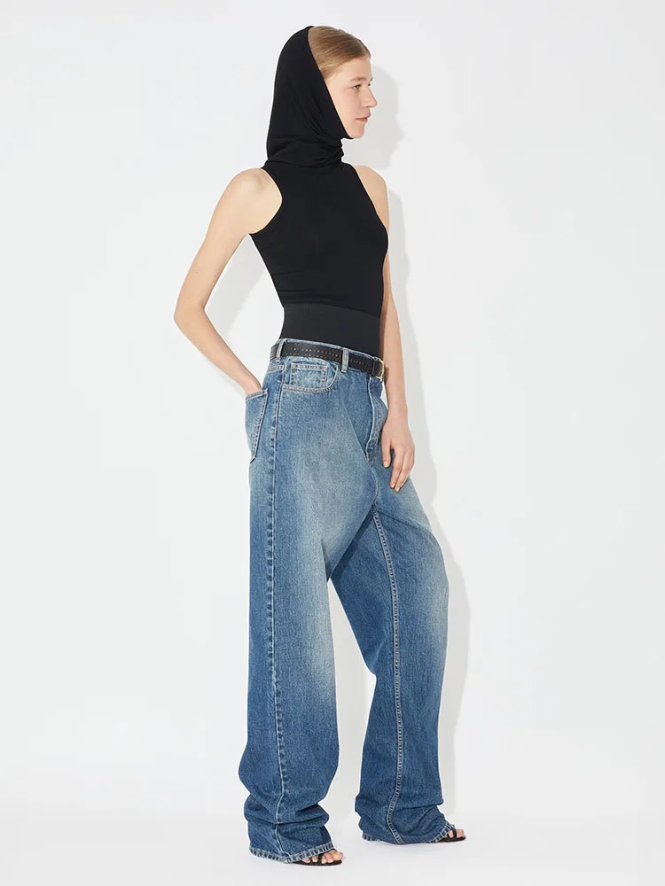 Y2K-Pantalon droit décontracté en coton pour femme, couleur flashy, épissage à la taille, pantalon traînant, haute audiJeans2024, printemps et été