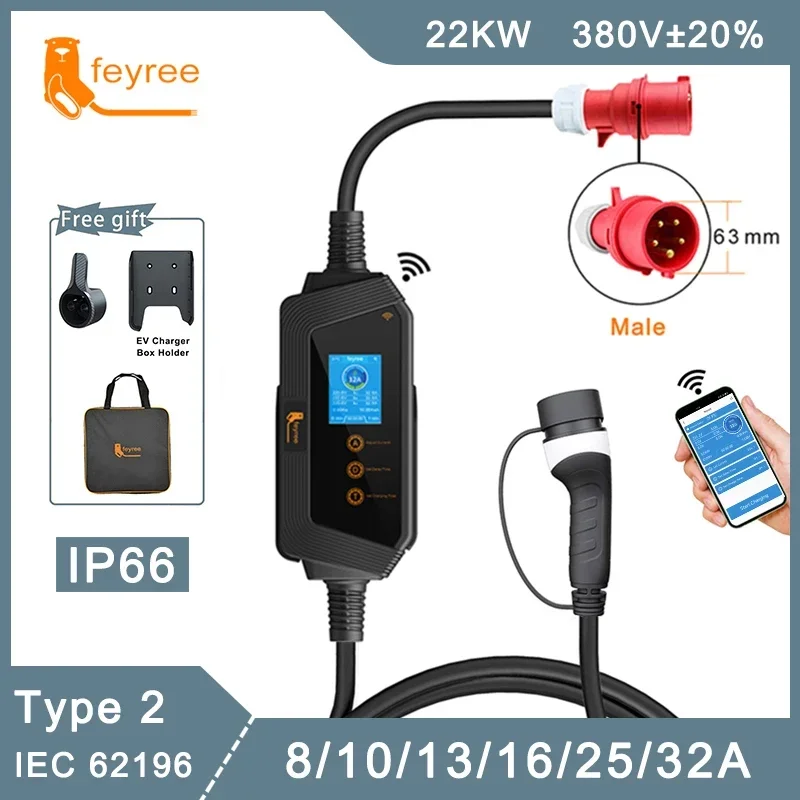 feyree EVSE Wallbox Type2 Cable EV Car Chager 7KW 11KW 22KW Electric Vehicle Charging Station with APP WIFI Control IEC62196-2