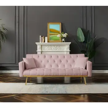 73吋現代天鵝絨沙發床,可轉換式沙發床,靠背三檔角度可調,現代雙人沙發,附4個金色扶手 8 最佳銷售 三人沙發床 - №3