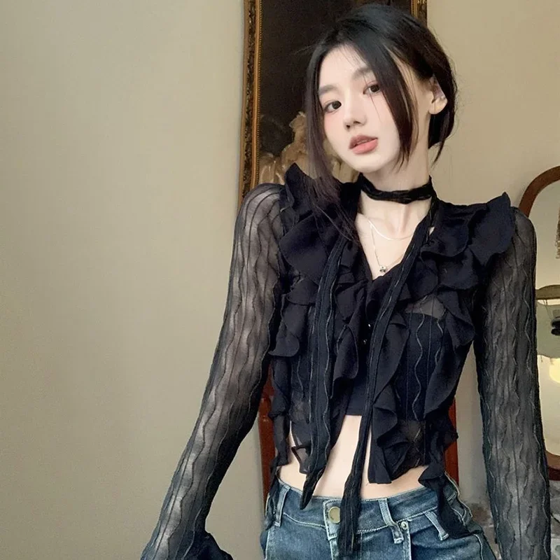 Sexy See Through Blouses Women Summer Flare Sleeve Black Mesh Crop Top Korean Fashion Irregular Ruffles Shirts Streetwear