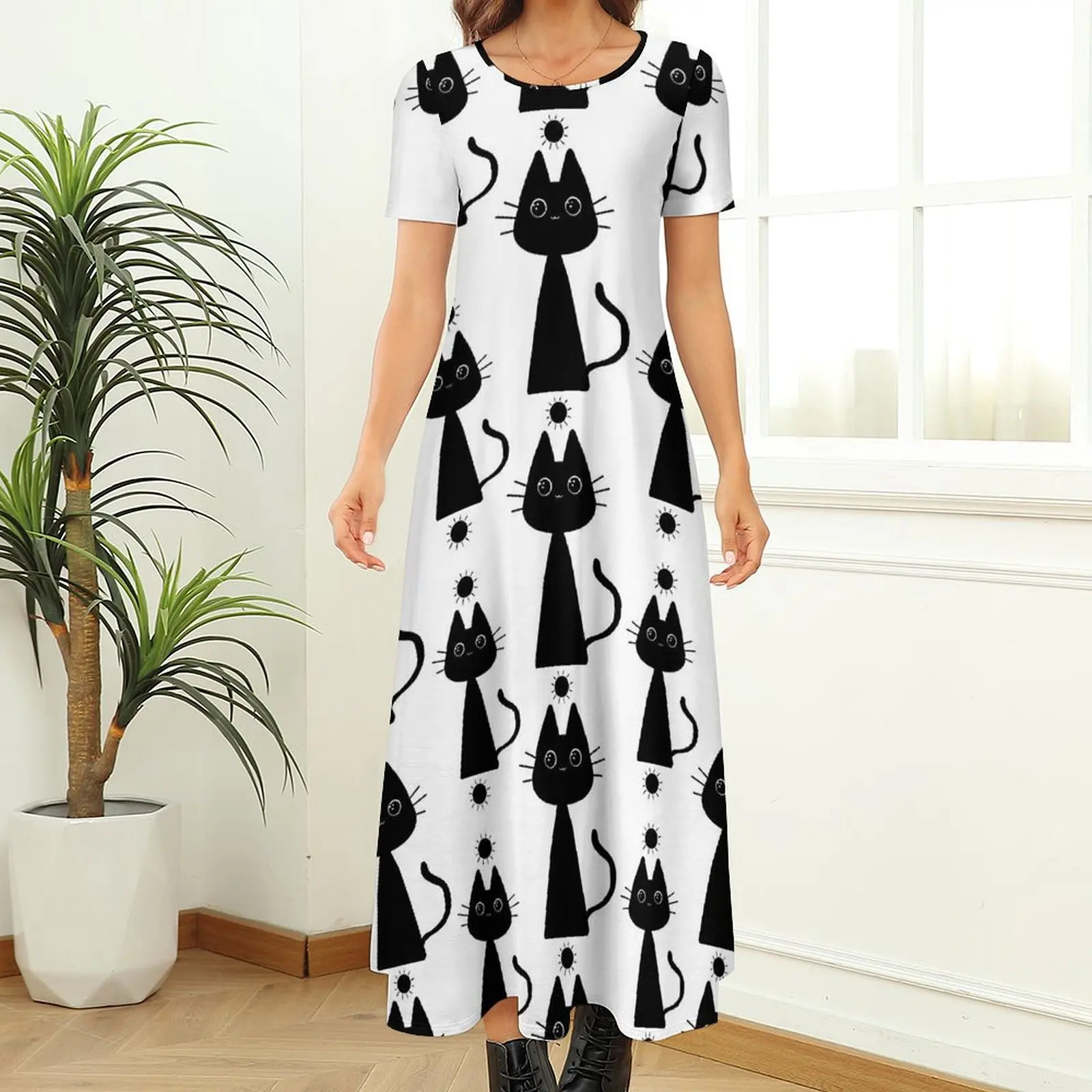 Black Magic Cat with Suns Dress Animal Vintage Maxi Dress Women Short Sleeve Aesthetic Boho Beach Long Dresses Big Size 6XL 7XL