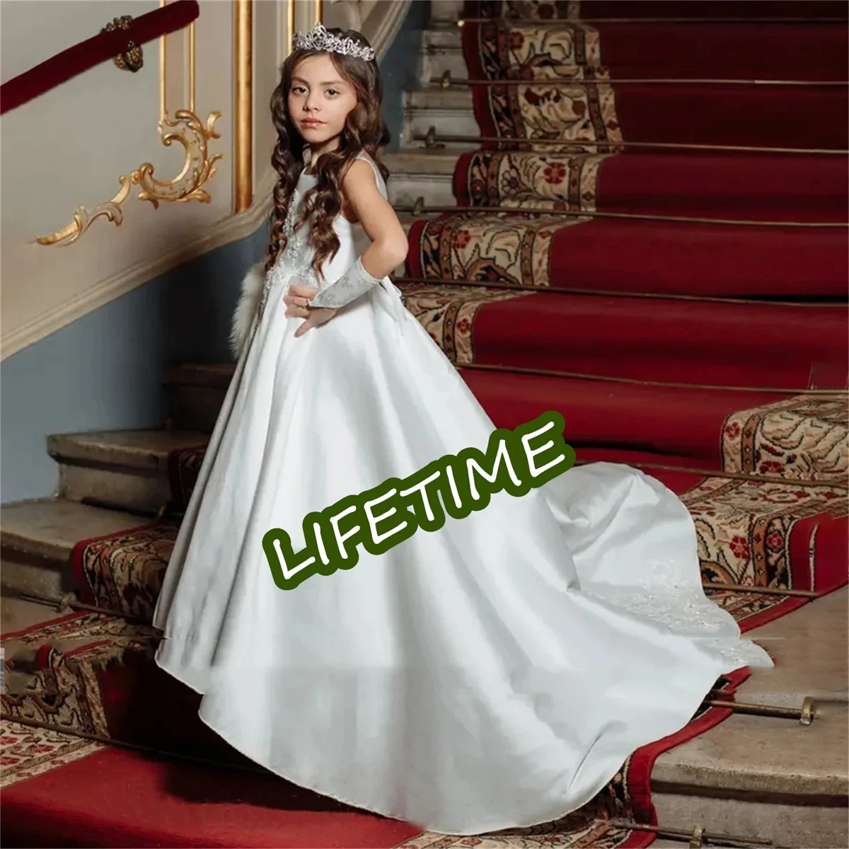 

Princess White Satin A-Line Flower Girl Dresses For Wedding 2023 Simple Appliques Sleeveless Birthday Party First Communion Gown