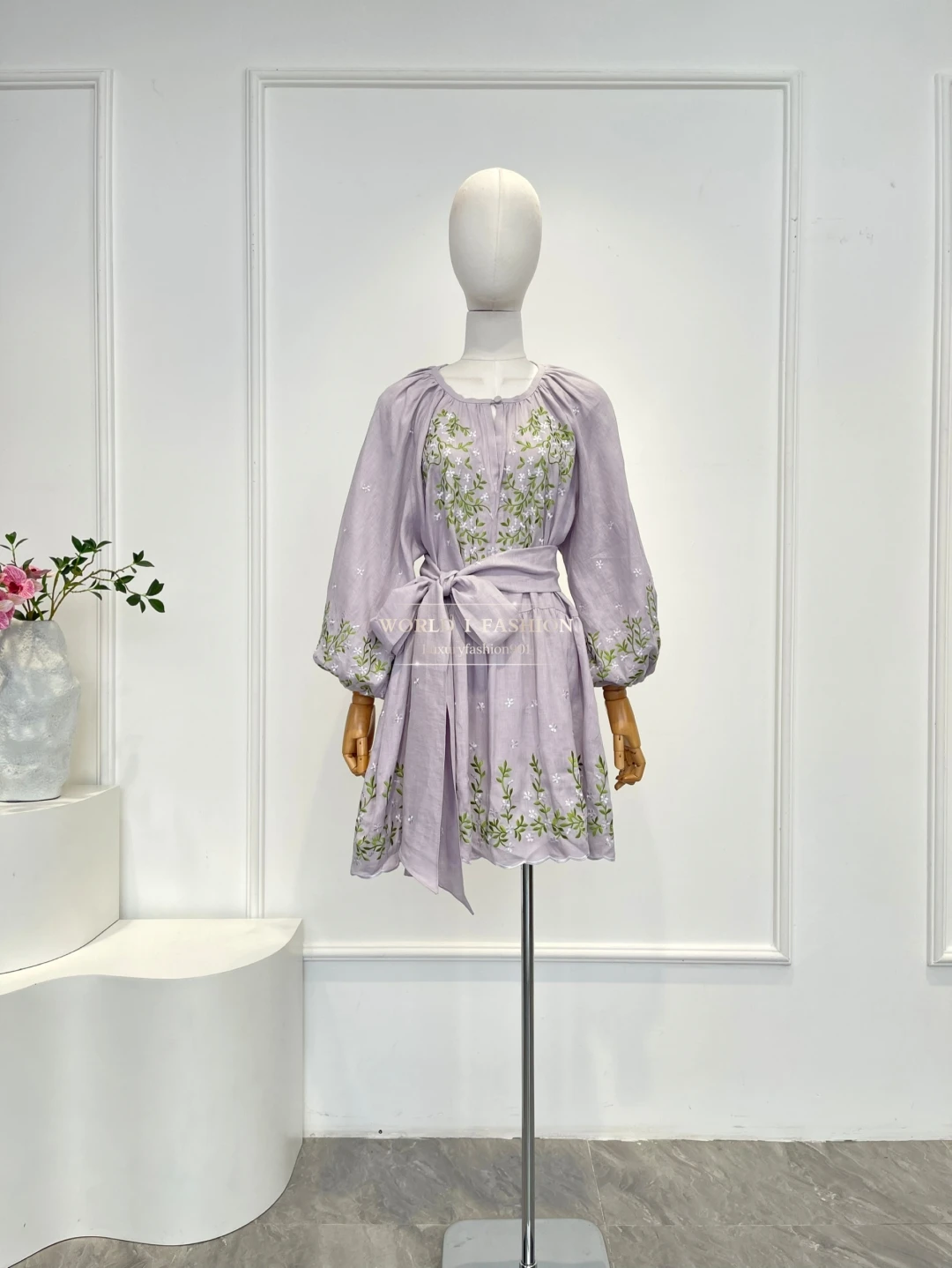 2025 New Women's Violet Vine Embroidery Long Sleeve Pleat Mini Dress High Quality Linen