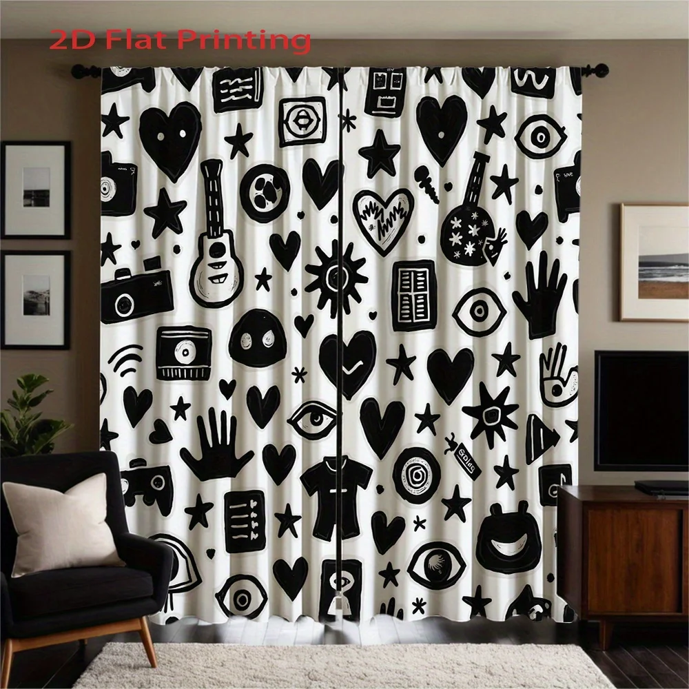 Graffiti Art Curtains 2pcs – Black and White Pop Culture Icons, Guitar Heart Eye Camera, Urban Street Style for Living Room and