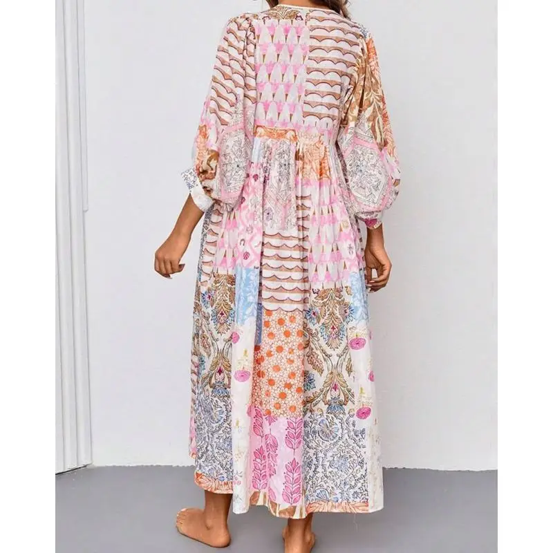 Combhasaki Donna Estate Boho Beachwear Manica a lanterna Scollo a V con cinghie Stampa floreale Abito lungo da vacanza a vita alta vestibilità ampia