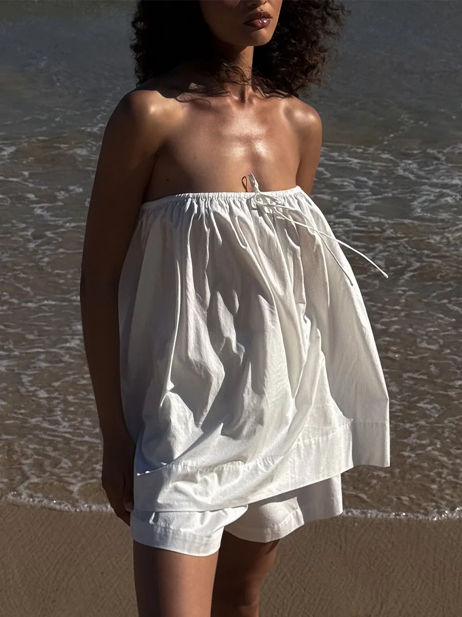 

Bornladies, женские весенне-летние новые шорты 2026, комплект из 2 предметов, удобный топ без бретелек с рюшами и открытыми плечами, повседневный комплект шорт