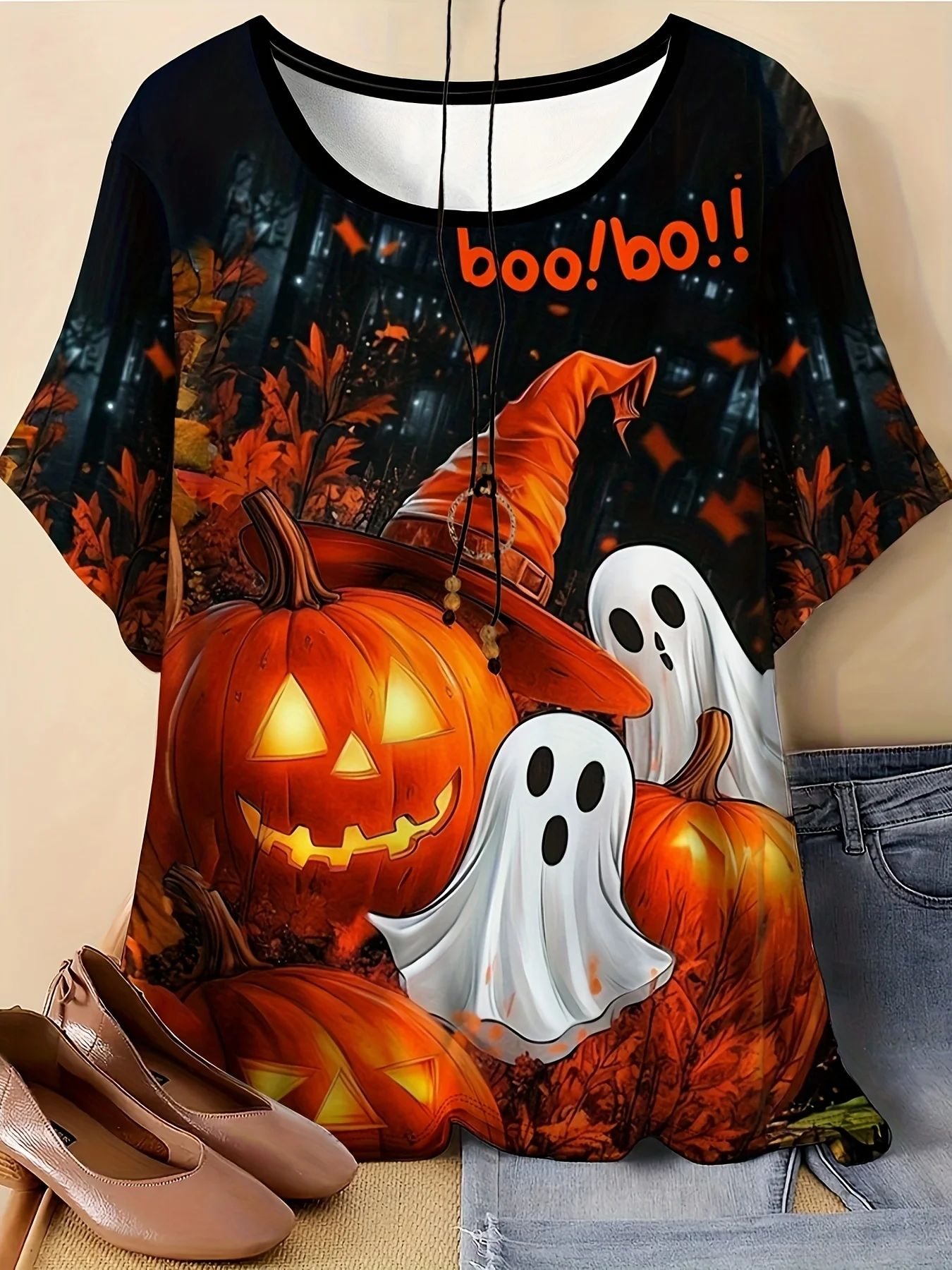 Women Halloween Short Sleeve Top Pumpkin Ghost Witch Hat Boo Print Casual Crewneck Tee