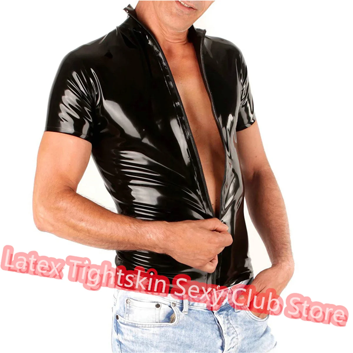 

Handmade Latex Men Short Sleeve Shirt Latex Top Rubber Suit with Front Zip Black Color Cosplay Costume