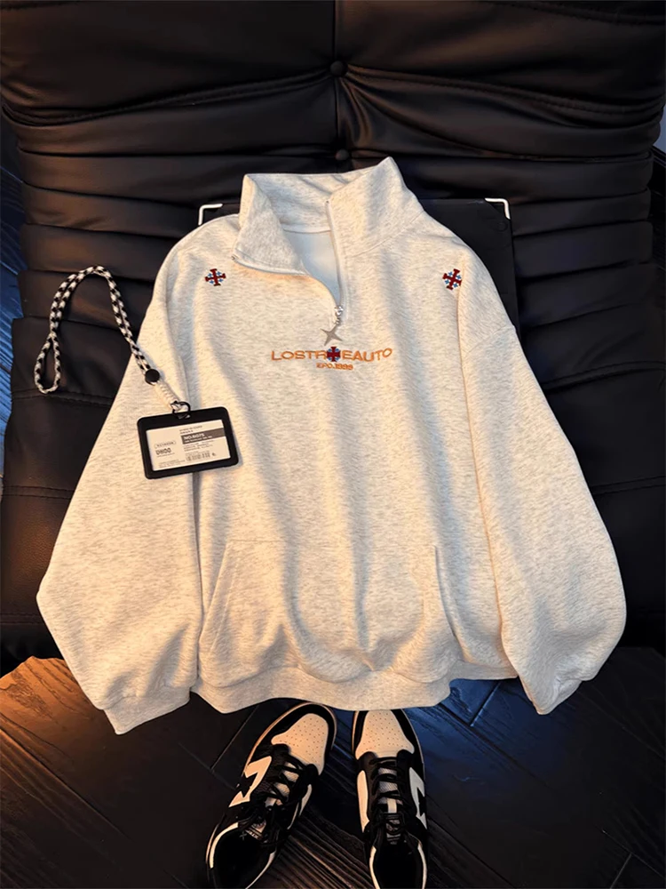 

Мужская толстовка Ele American Style с вышивкой, воротником-стойкой и молнией, свободного кроя, с длинными рукавами, молодежная одежда