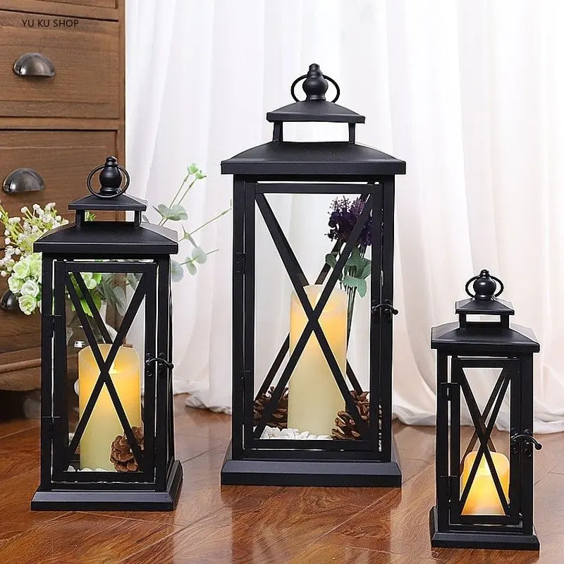 

Windproof Lantern Glass Candle Holders Metal Large Black Wedding Modern Design Moroccan Candlestick Decoracion Hogar Home Decor