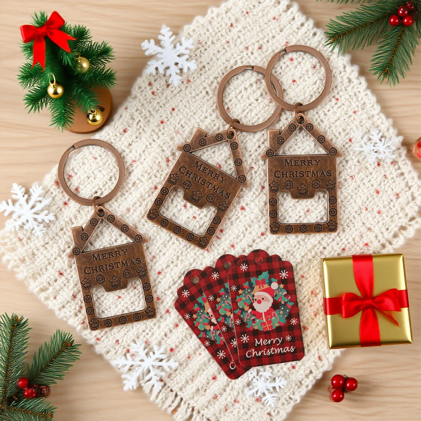 100pcs/lot Christmas Bottle Opener Christmas House Keychain Bottle Opener Christmas Pendant, Christmas Keychain