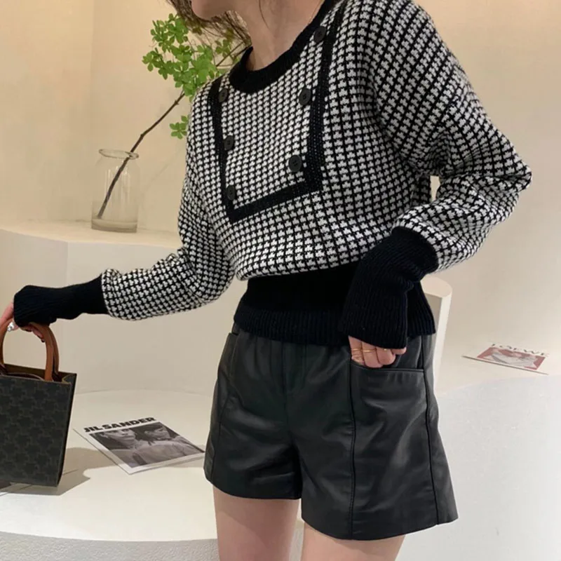 Zoki Houndstooth Vintage Sweaters Women Long Sleeve Casual Patchwork Knitted Jumpers Korean Loose O Neck Retro Buttons Pullovers