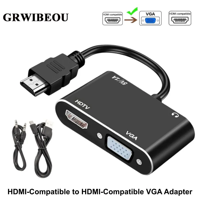 GRWIBEOU HDMI-Compatible to HDMI-Compatible VGA Converter 1 Input 2 Output Adapter Splitter for Laptop PC Monitor Projector HDTV