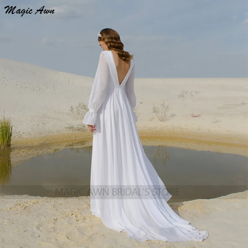 Magic Awn-Vestidos de novia de gasa para playa, ropa blanca de manga larga con Apliques de encaje, espalda abierta, estilo bohemio, ilusión Simple