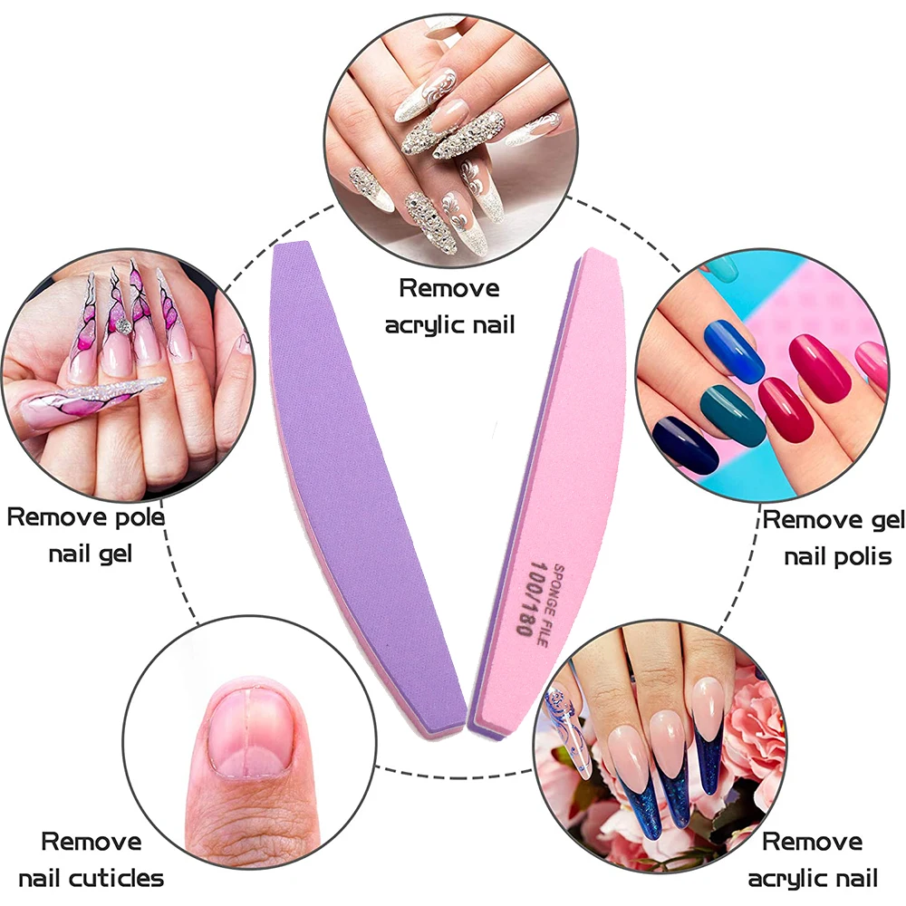 2 Stück waschbare Nagelfeilen, Nagelzubehör, Halbmond-Schwammfeile, Körnung 100/180, Lila, Rosa, zweifarbige Pufferfeile, Nagellack entfernen