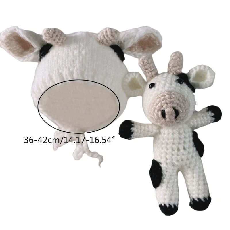 Accesorios fotografía para recién nacidos, gorro punto ganchillo con Animal relleno, vaca para muñeca, conjunto ropa