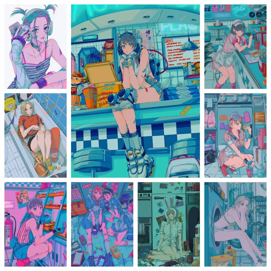 Farbenfrohe Anime-Mädchen 5D DIY Voll-Diamant-Kunstmalerei Modische Sexy Niedliche Kawaii Voll-Diamant-Mosaik Kreuzstich-Sets Raumdekoration