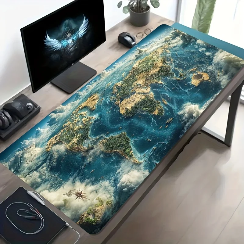 A Large Gaming Mouse Pad Featuring a 3D Adventure-Style World Map Design, with a Non-Slip, Washable Rubber Base.