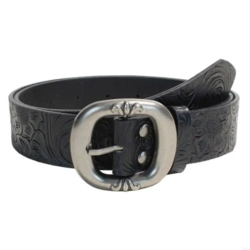 Wide Faux Leather Belt with Embossed Strap and Metal Pin Buckles for Daily Wear and Jeans Outfit Pairing Use Y08E