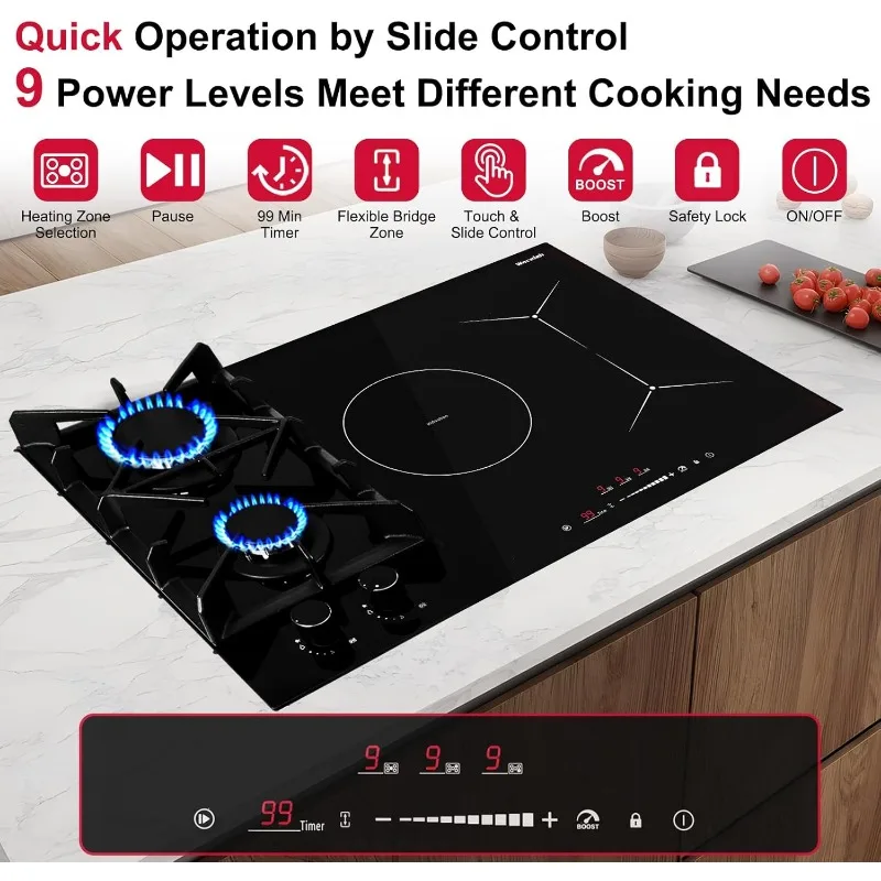 30 Inch Gas Cooktop Mix Induction Cooktop Built-in Gas and Induction Combo 5 Burners Hybird 12000BTU Boost 6700W