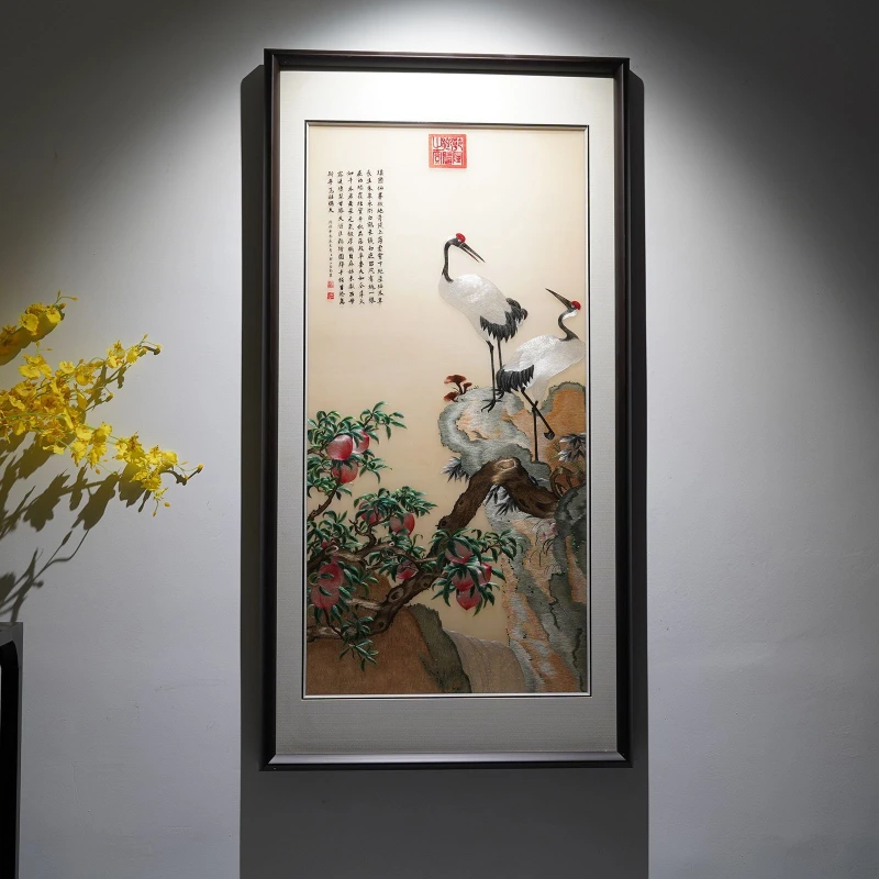 

New Chinese embroidery painting Peach pine crane picture Pure handmade Suzhou embroidery entrance