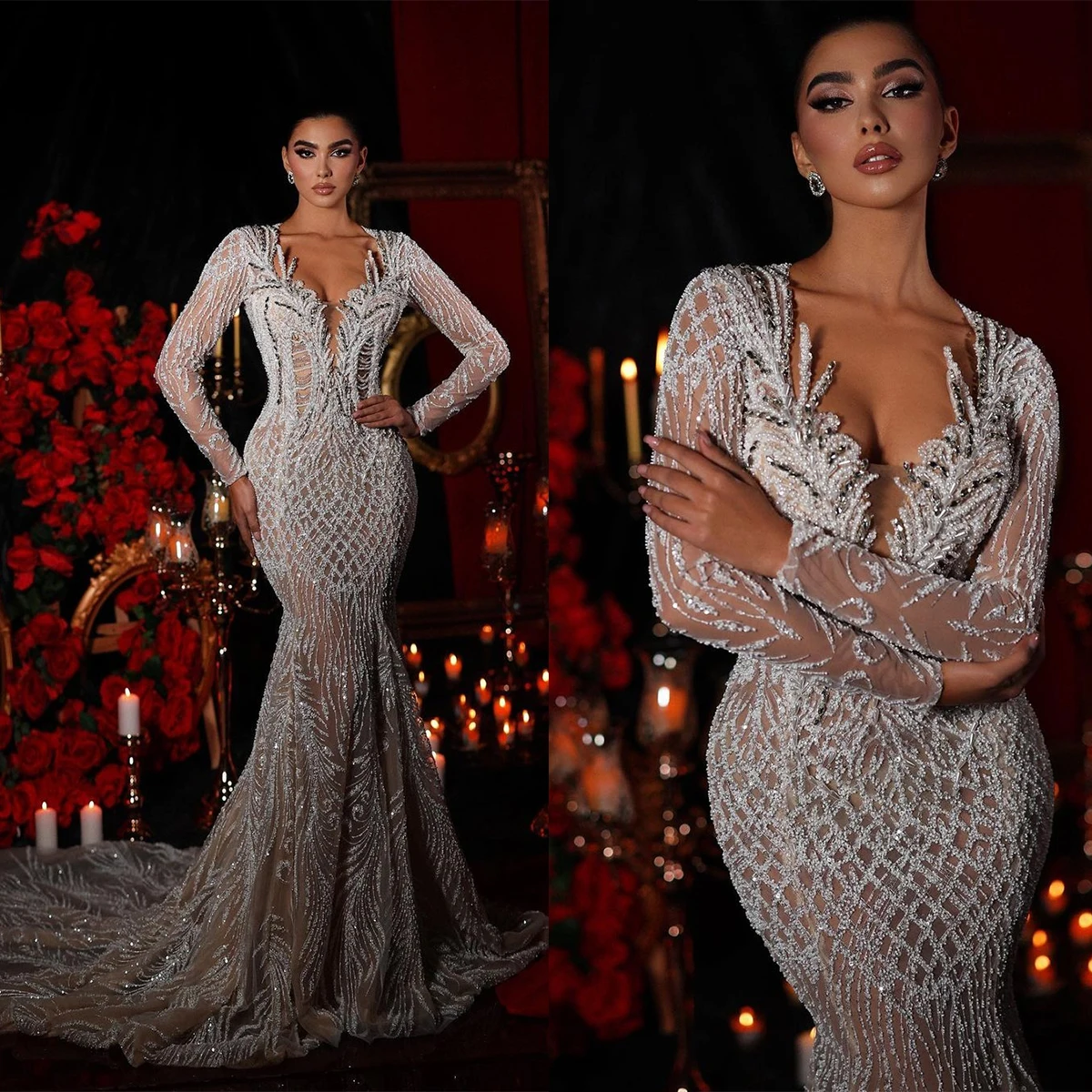 

Luxury Wedding Dresses Long Sleeves V Neck Sequins Beaded Appliques Diamonds Lace-up Plus Size Bridal Gowns Vestina De Novia