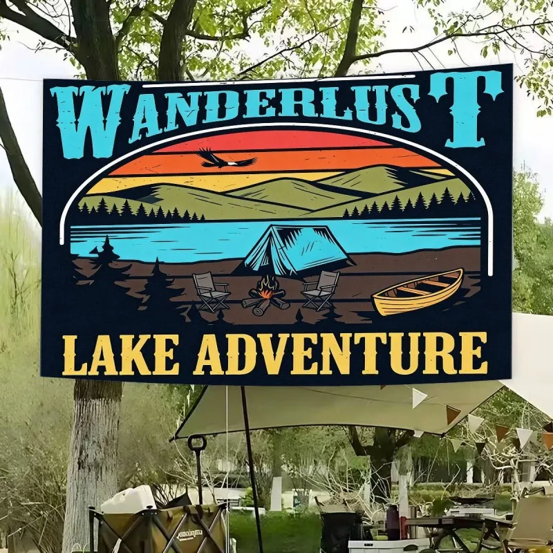 VIKAMA Wanderlust Lake Adventure Tapestry Vintage Camping Tent Graphic Wall Hanging Outdoor Home Decor