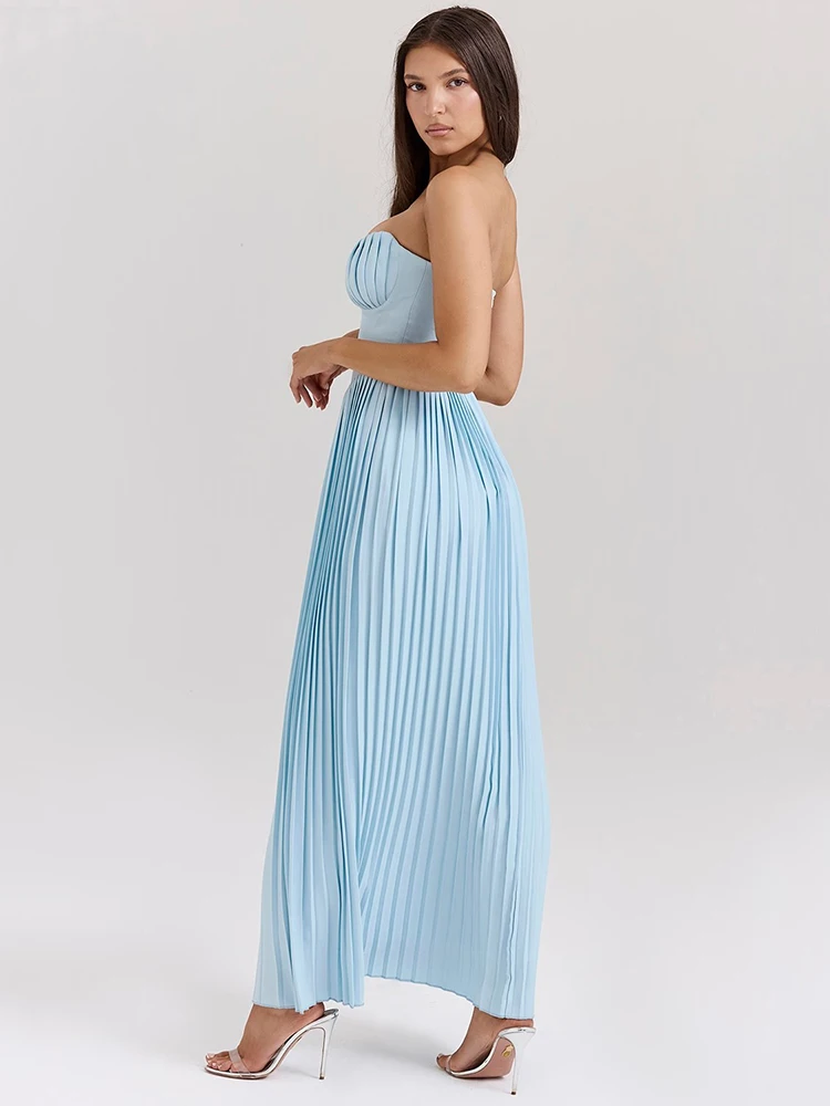 Mozision Off-shoulder Backless Pleated Maxi Dress For Women Fashion Strapless Sleeveless High Waist Bodycon Sexy Long Dress